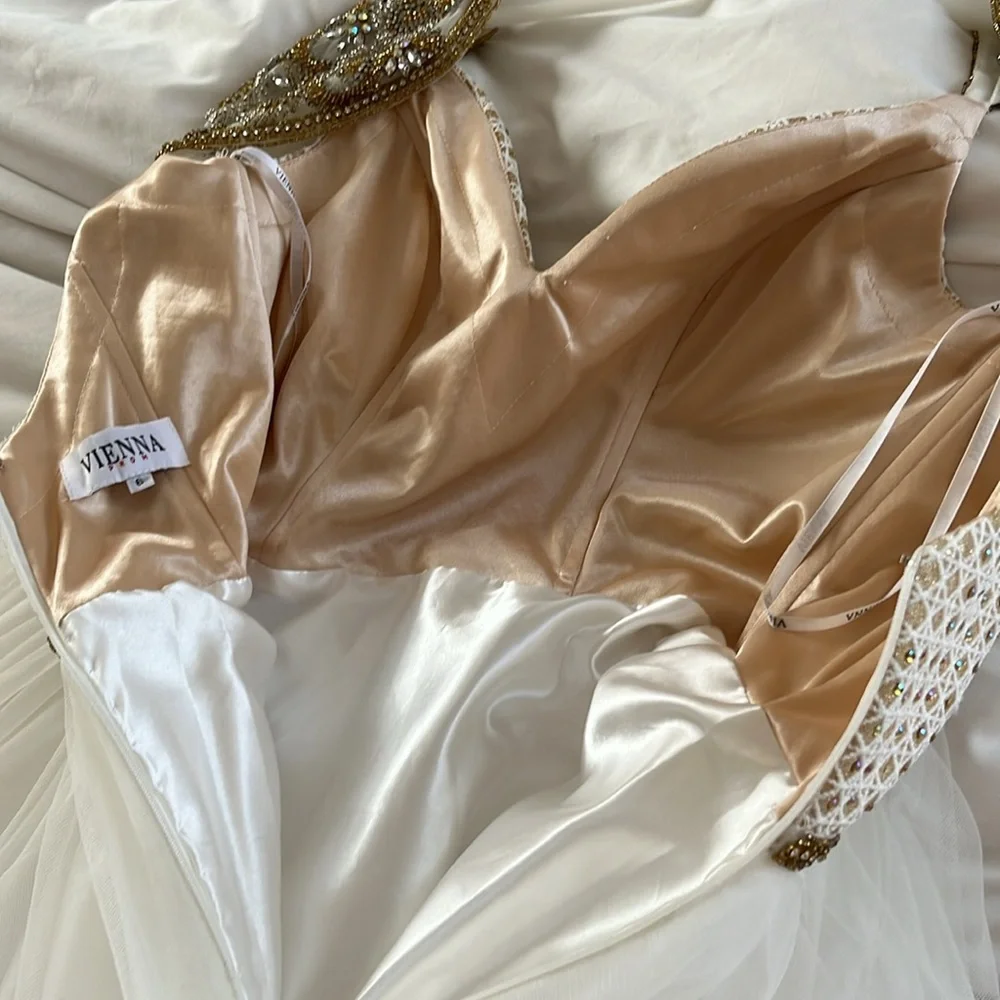 Vienna Prom Damaged Elegant Ivory and Gold Formal Prom | Wedding Gown - Picture 13 of 16